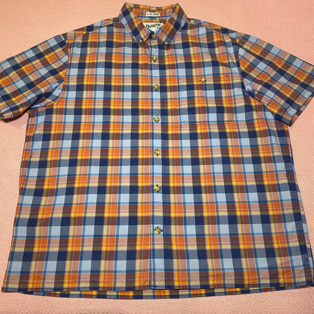 Duluth Trading Co Untucked Plaid Shirt Mens Large Blue Orange Relaxed Fit S/S